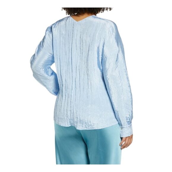 Vince Women's Blouse Double V-Neck Crinkle Cerulean Blue Long Sleeve 3X NEW - Picture 3 of 7
